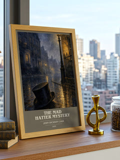 The Mad Hatter Mystery book cover print framed by window – literary home decor