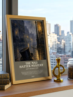 The Mad Hatter Mystery bookish print framed by window – literary home decor