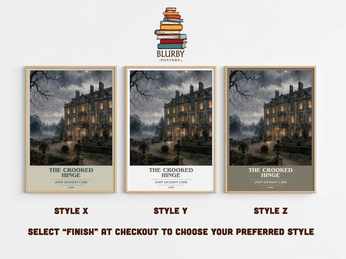 The Crooked Hinge book cover print in frame leaning in hallway – mystery wall art (mockup)