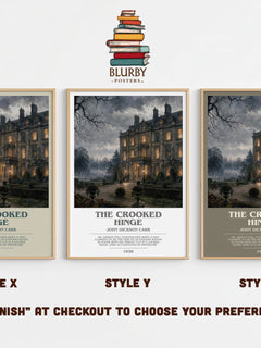 The Crooked Hinge bookish print in frame leaning in hallway – mystery wall art