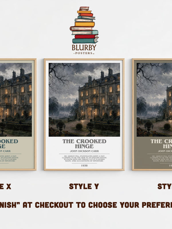 The Crooked Hinge bookish print in frame leaning in hallway – mystery wall art