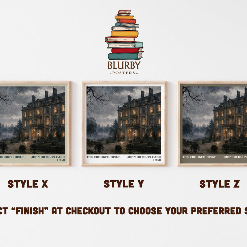 The Crooked Hinge literary print in frame leaning in hallway – mystery wall art