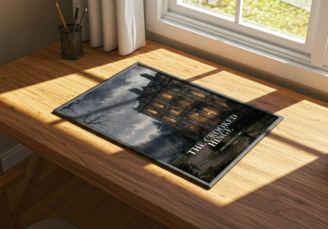 The Crooked Hinge watercolour book poster framed on wall – mystery wall art