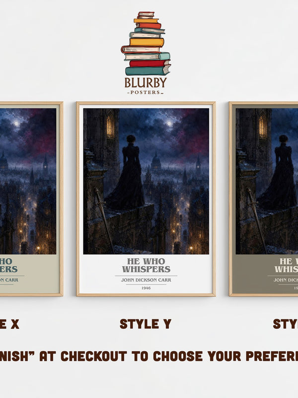 He Who Whispers book cover print in frame leaning in hallway – mystery wall art