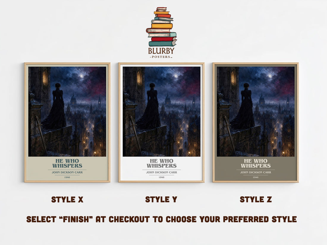 He Who Whispers book cover print in frame leaning in hallway – mystery wall art (mockup)