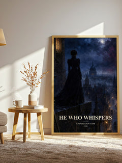He Who Whispers watercolour print in frame leaning in hallway – mystery wall art