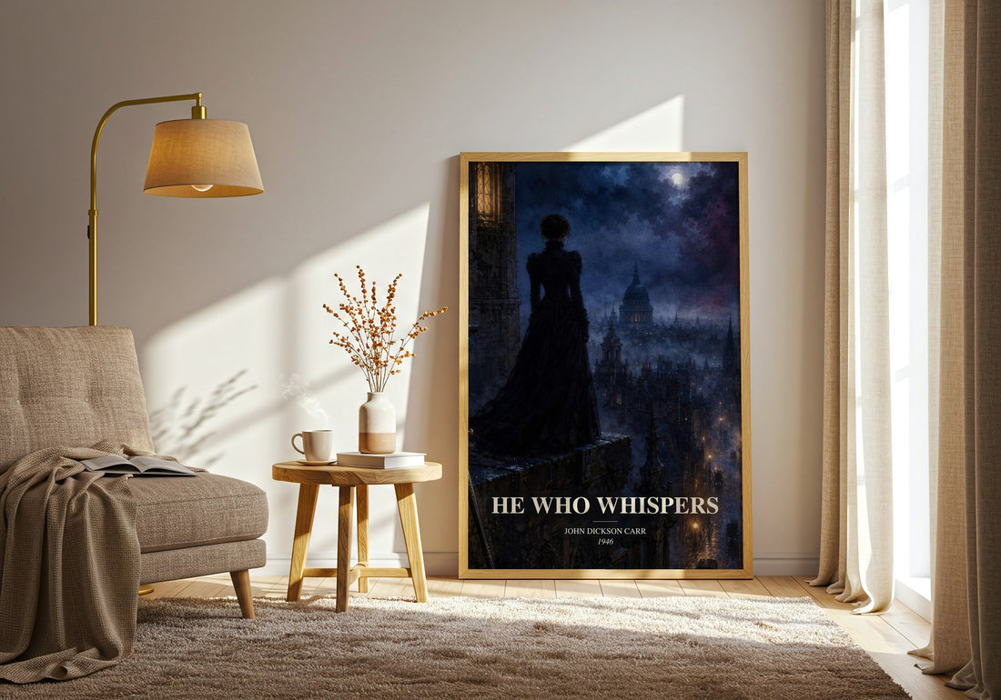 He Who Whispers watercolour print in frame leaning in hallway – mystery wall art