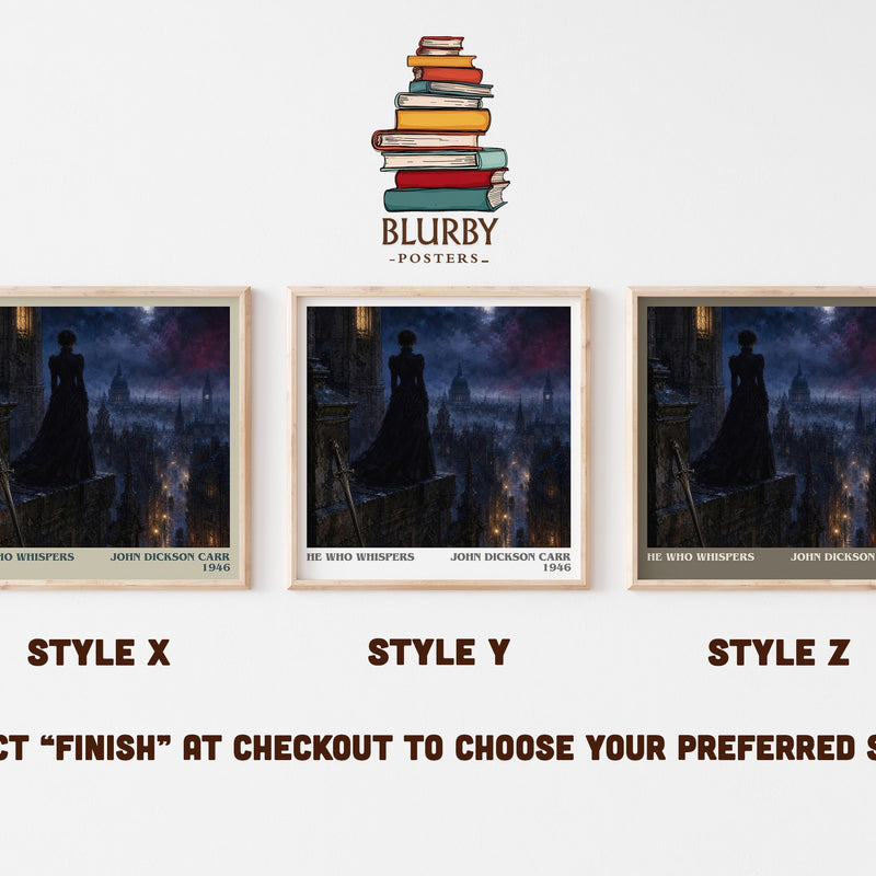 He Who Whispers literary print in frame leaning in hallway – mystery wall art