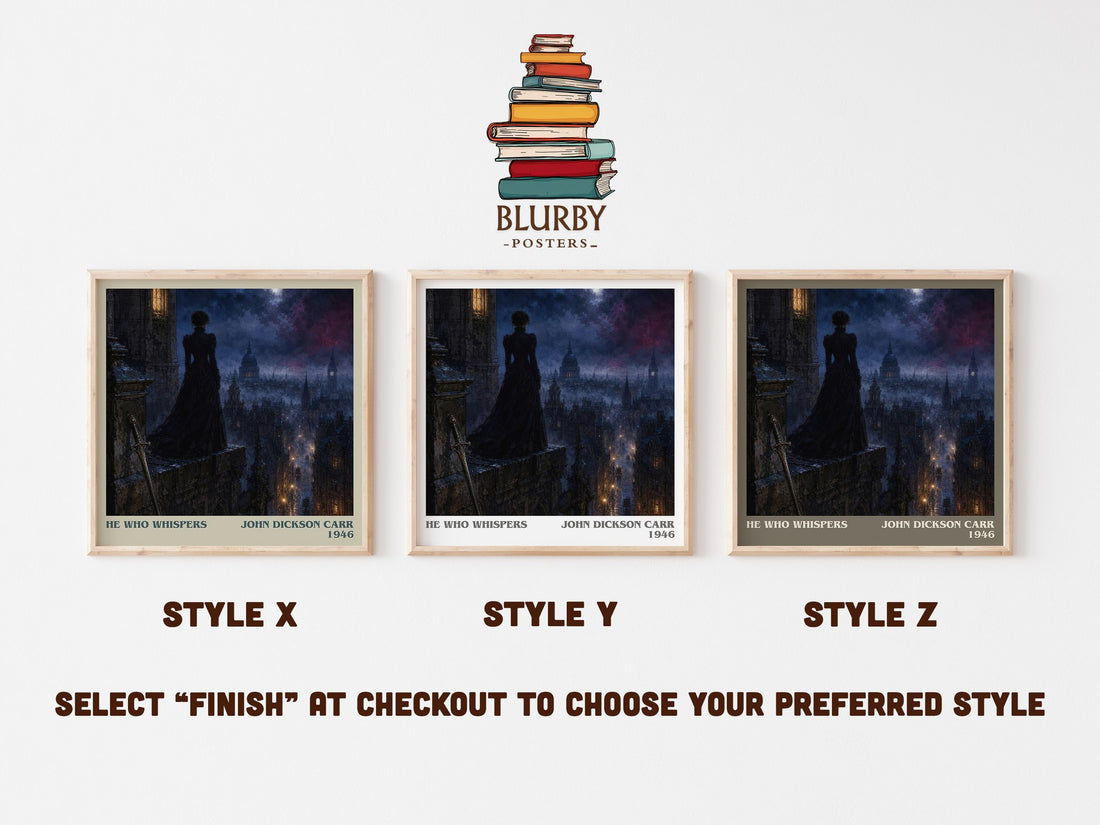 He Who Whispers literary print in frame leaning in hallway – mystery wall art (mockup)