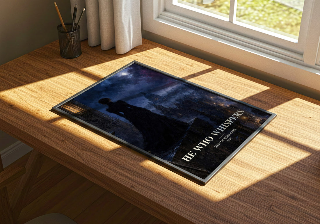 He Who Whispers watercolour book poster framed on wall – mystery wall art
