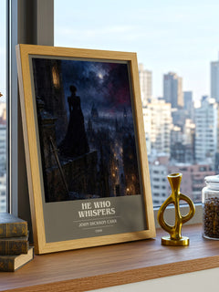 He Who Whispers book cover print framed by window – literary home decor