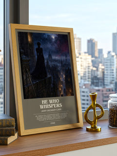 He Who Whispers bookish print framed by window – literary home decor