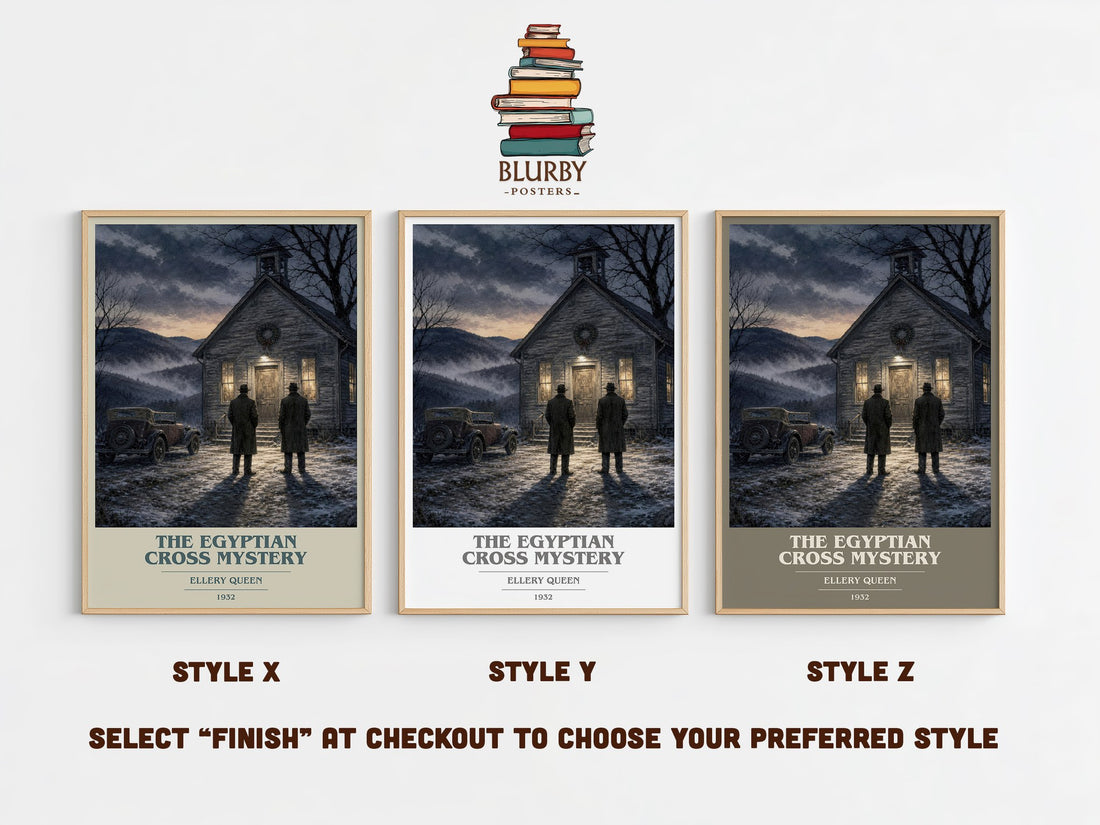 The Egyptian Cross Mystery book cover print in frame leaning in hallway – mystery wall art (mockup)