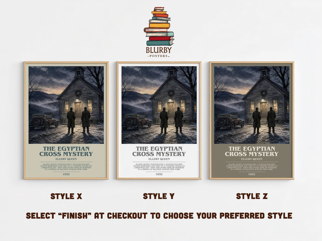 The Egyptian Cross Mystery bookish print in frame leaning in hallway – mystery wall art (mockup)