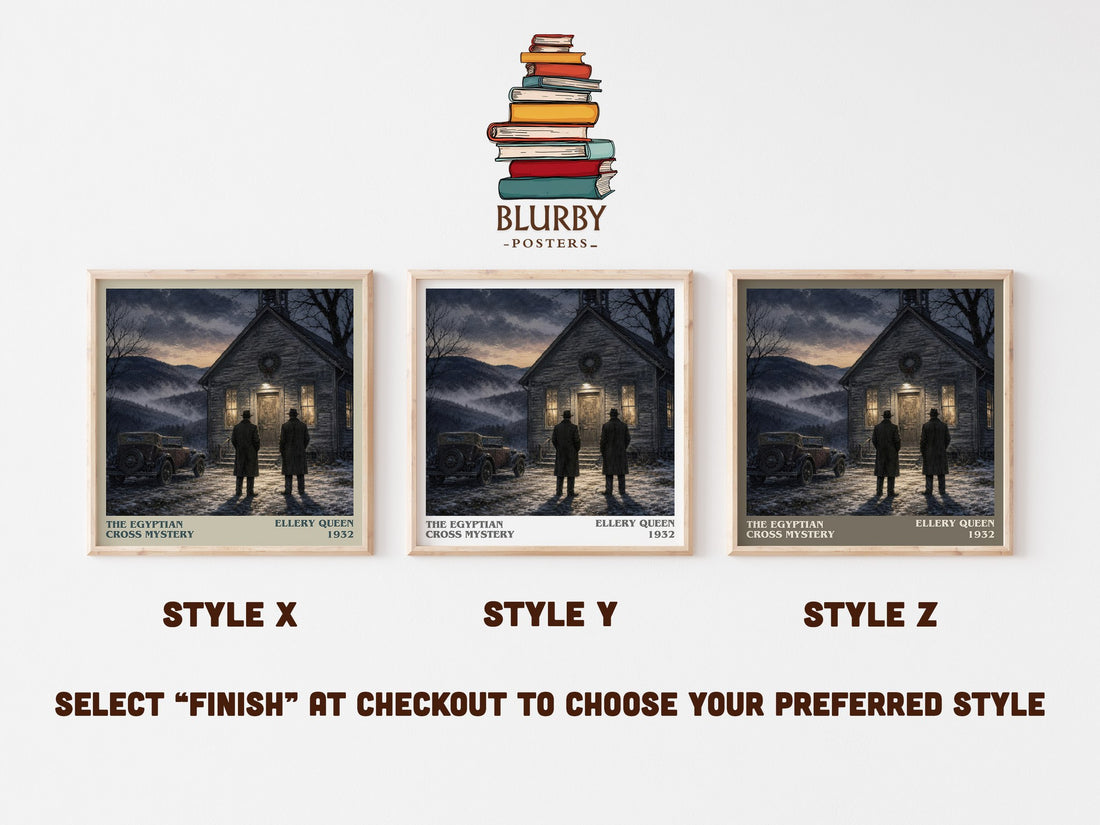 The Egyptian Cross Mystery literary print in frame leaning in hallway – mystery wall art (mockup)