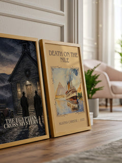 The Egyptian Cross Mystery watercolour print framed by window – literary home decor