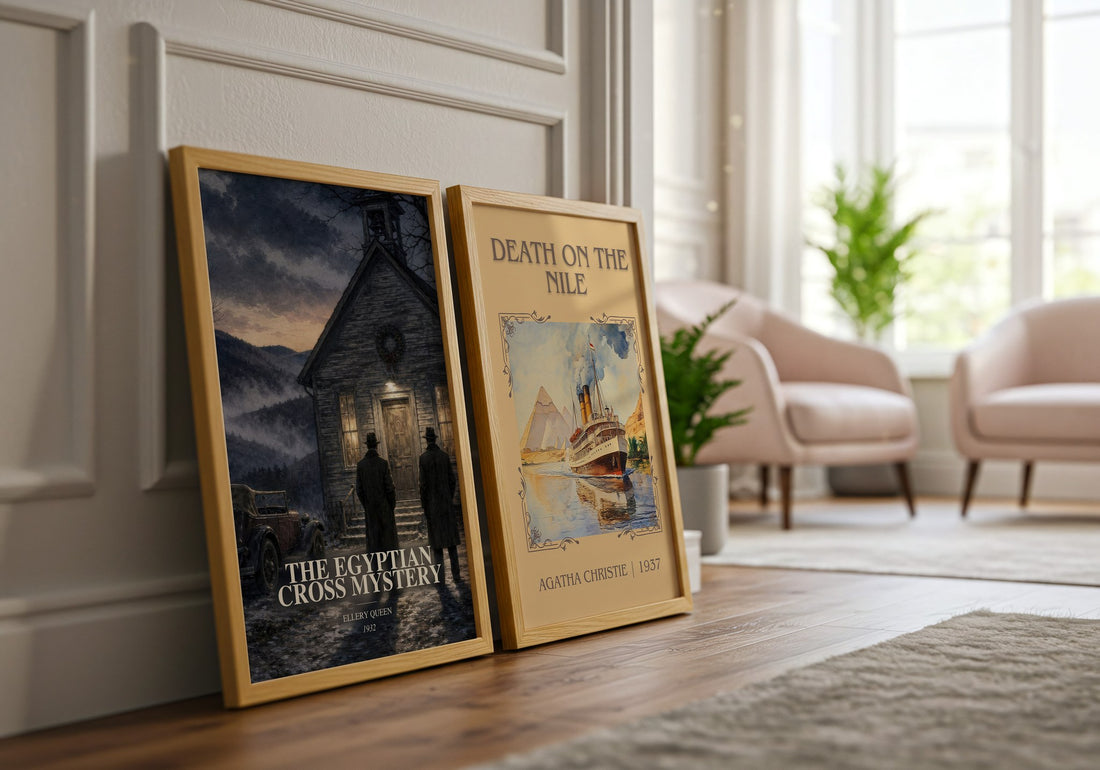 The Egyptian Cross Mystery watercolour print framed by window – literary home decor