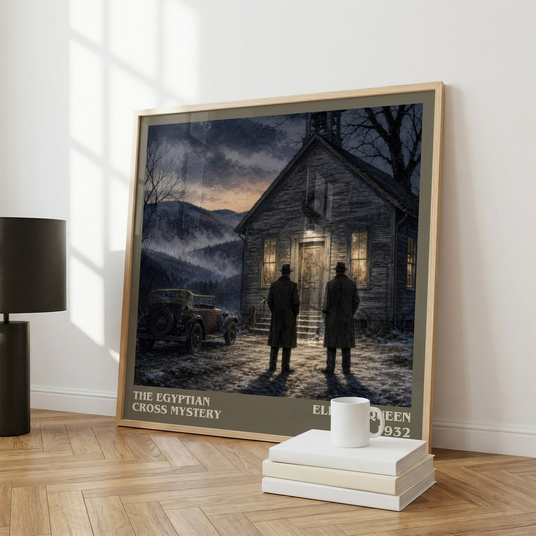 The Egyptian Cross Mystery literary print framed by window – literary home decor