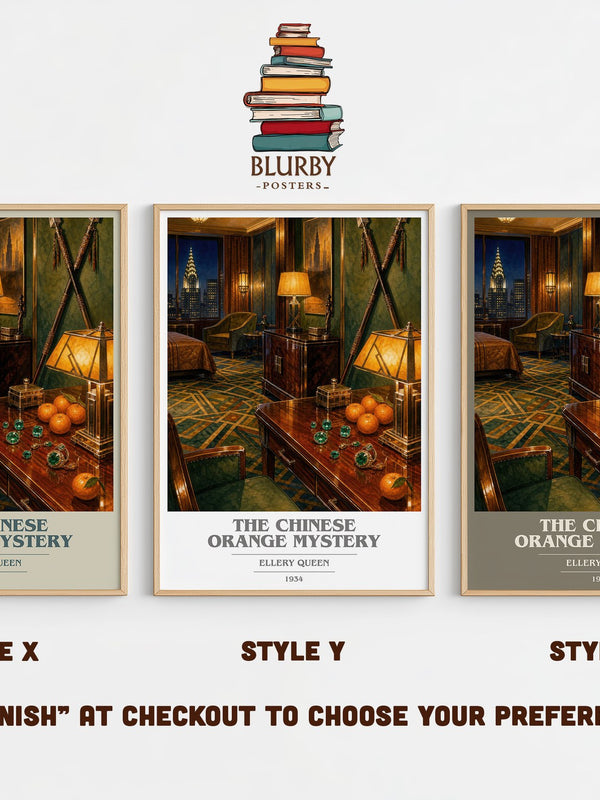 The Chinese Orange Mystery book cover print in frame leaning in hallway – mystery wall art