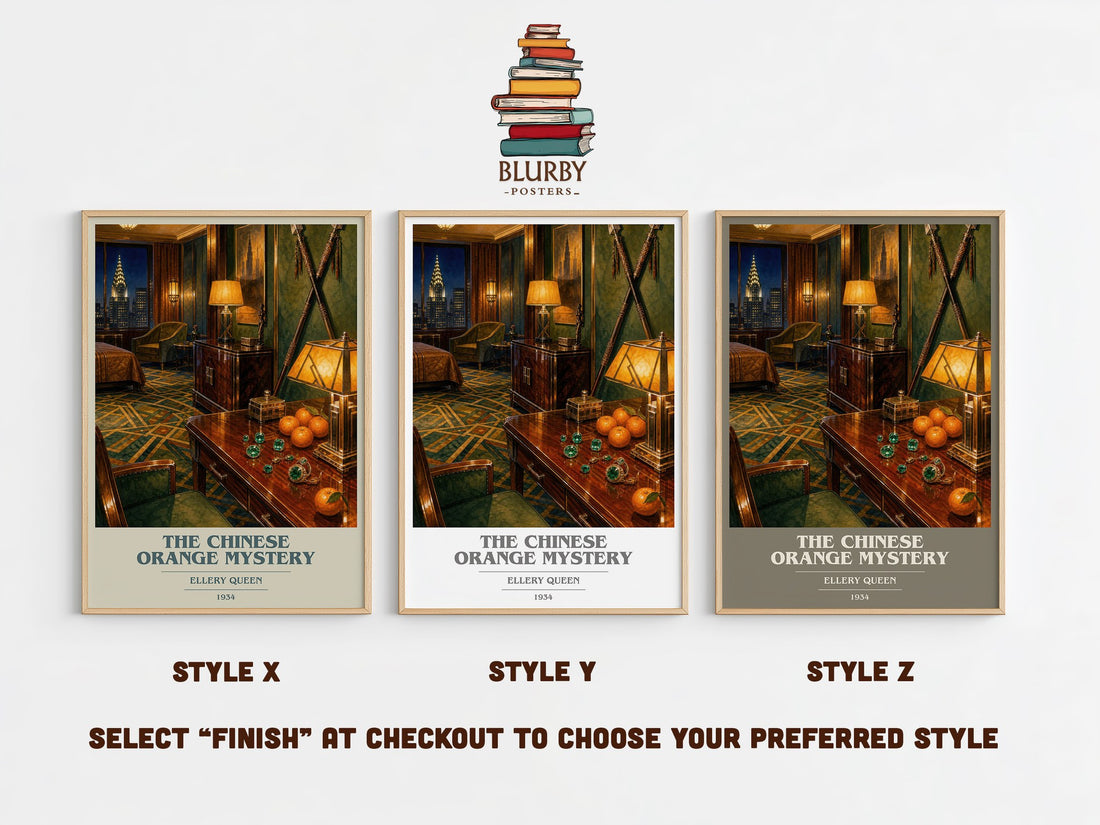The Chinese Orange Mystery book cover print in frame leaning in hallway – mystery wall art (mockup)