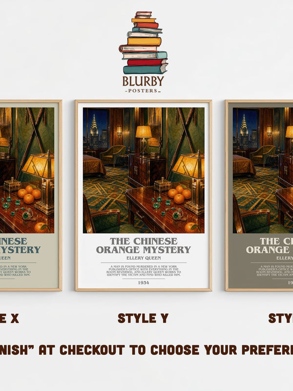 The Chinese Orange Mystery bookish print in frame leaning in hallway – mystery wall art