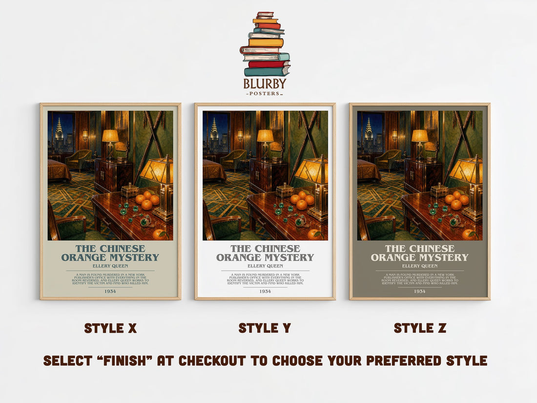 The Chinese Orange Mystery bookish print in frame leaning in hallway – mystery wall art (mockup)