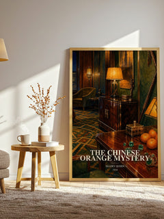 The Chinese Orange Mystery watercolour print in frame leaning in hallway – mystery wall art