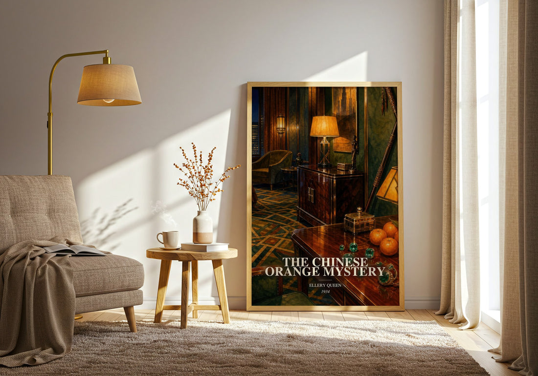 The Chinese Orange Mystery watercolour print in frame leaning in hallway – mystery wall art