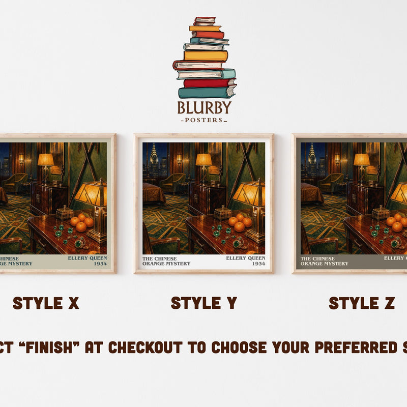 The Chinese Orange Mystery literary print in frame leaning in hallway – mystery wall art