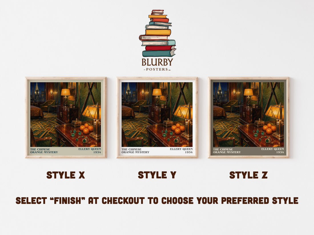 The Chinese Orange Mystery literary print in frame leaning in hallway – mystery wall art (mockup)