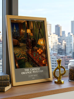 The Chinese Orange Mystery book cover print framed by window – literary home decor
