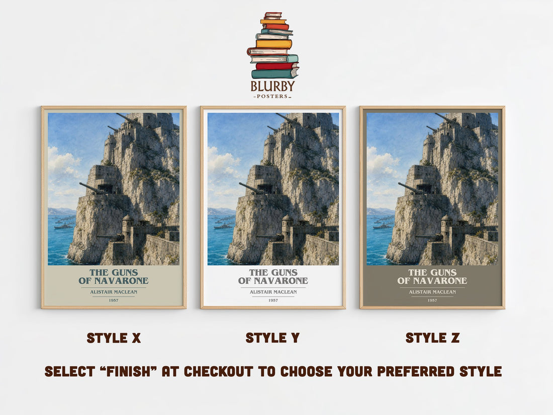 The Guns of Navarone book cover print in frame leaning in hallway – adventure wall art (mockup)