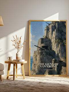 The Guns of Navarone watercolour print in frame leaning in hallway – adventure wall art