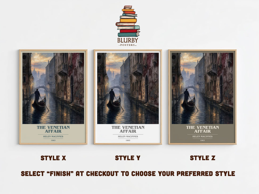 The Venetian Affair book cover print in frame leaning in hallway – thriller wall art (mockup)
