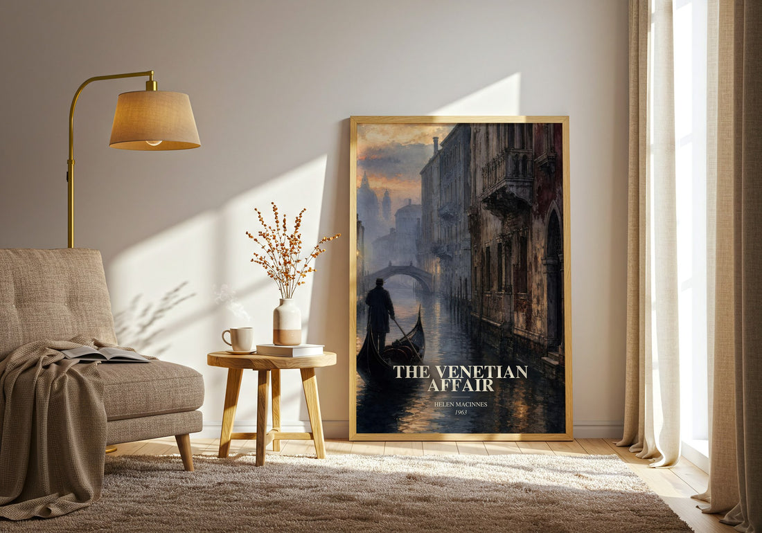 The Venetian Affair watercolour print in frame leaning in hallway – thriller wall art