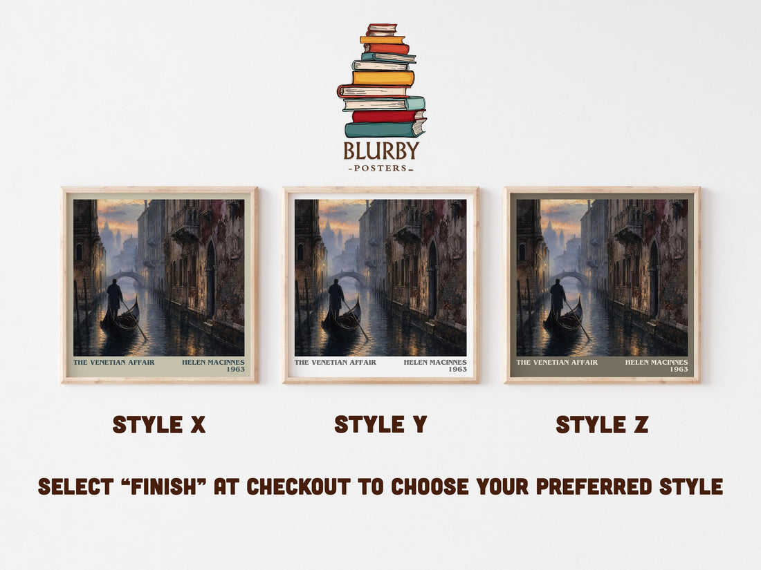 The Venetian Affair literary print in frame leaning in hallway – thriller wall art (mockup)