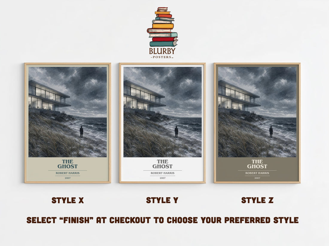 The Ghost book cover print in frame leaning in hallway – thriller wall art (mockup)