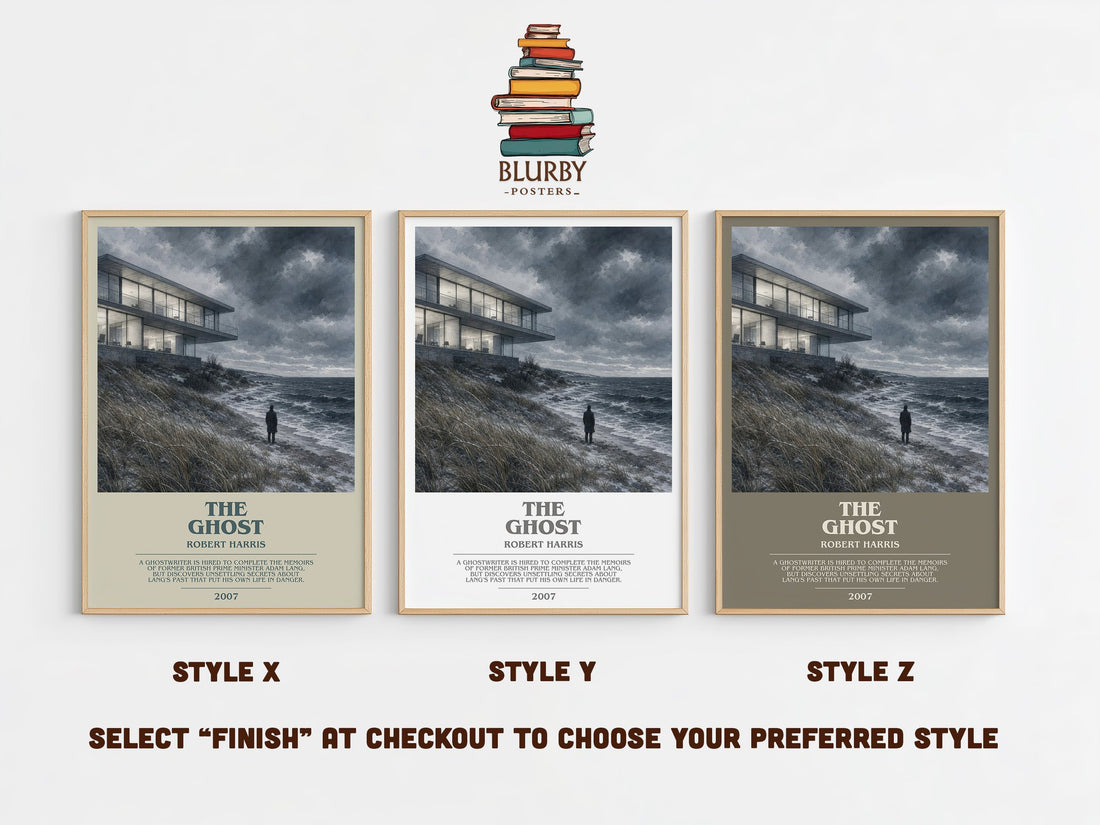 The Ghost bookish print in frame leaning in hallway – thriller wall art (mockup)