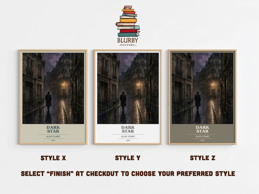 Dark Star book cover print in frame leaning in hallway – thriller wall art (mockup)