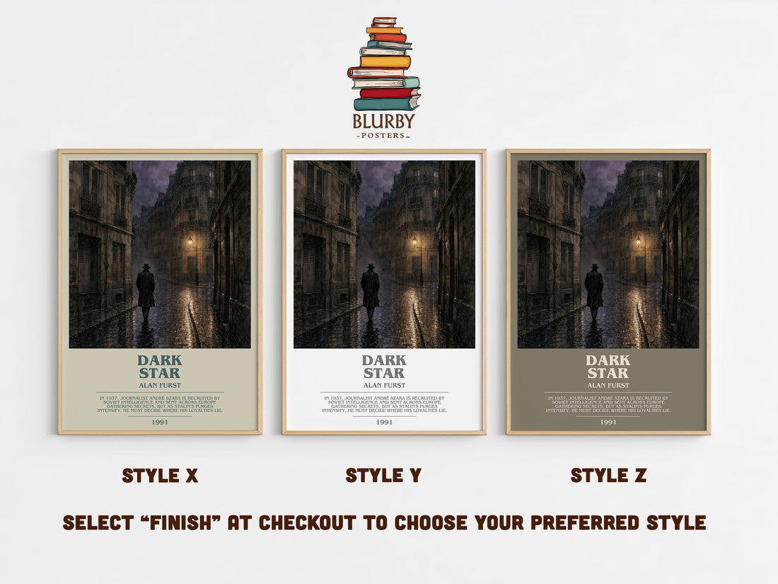 Dark Star bookish print in frame leaning in hallway – thriller wall art (mockup)