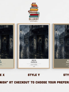 Red Gold book cover print in frame leaning in hallway – thriller wall art