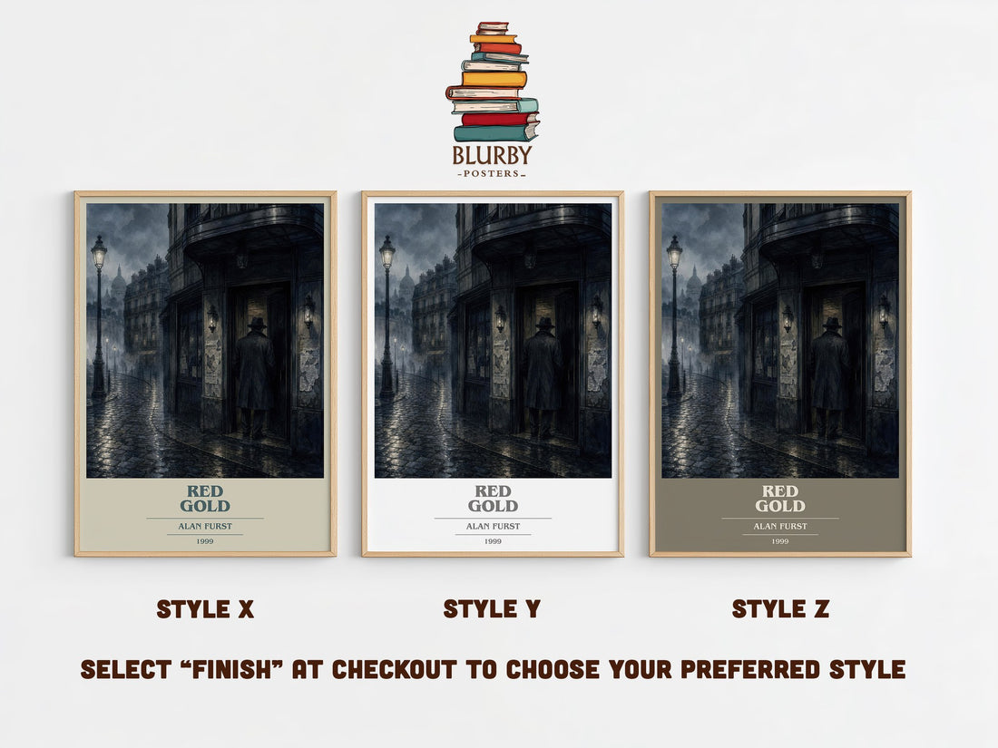 Red Gold book cover print in frame leaning in hallway – thriller wall art (mockup)