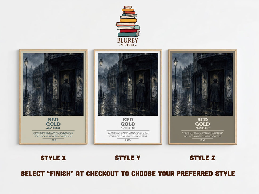 Red Gold bookish print in frame leaning in hallway – thriller wall art (mockup)