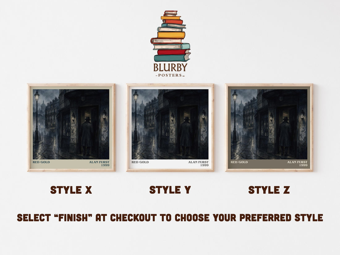 Red Gold literary print in frame leaning in hallway – thriller wall art (mockup)
