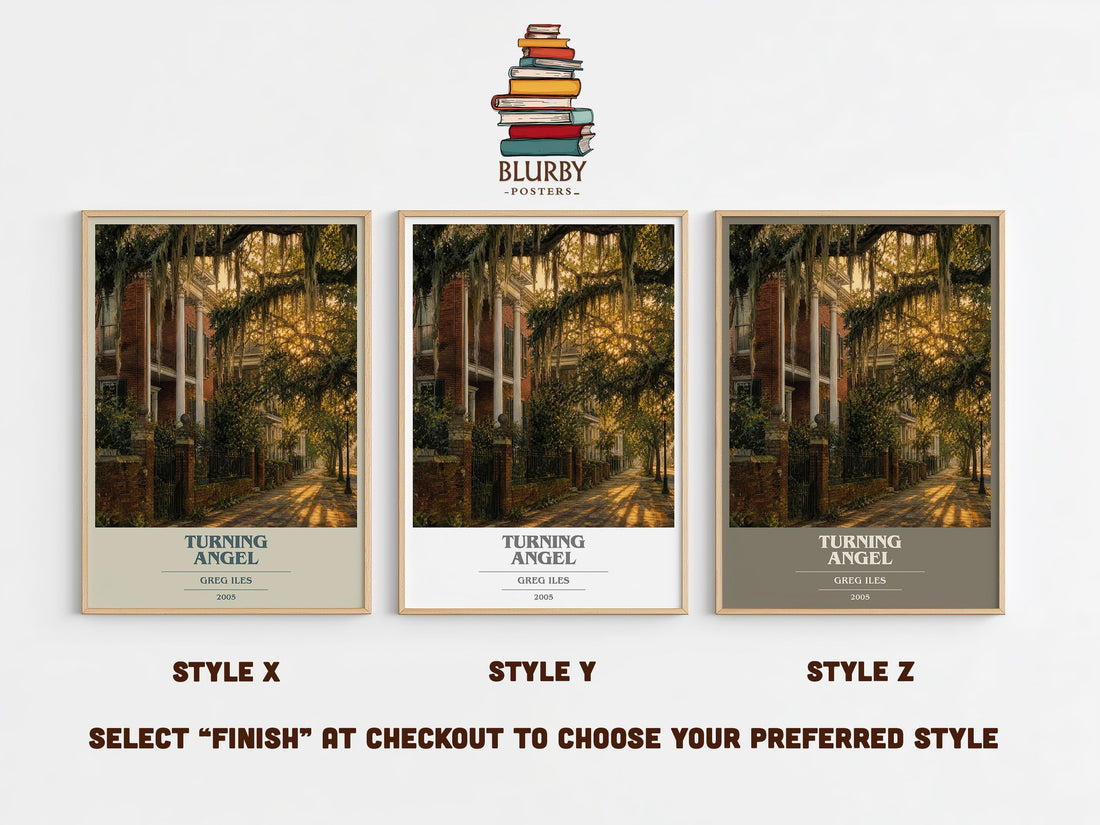 Turning Angel book cover print in frame leaning in hallway – legal thriller wall art (mockup)