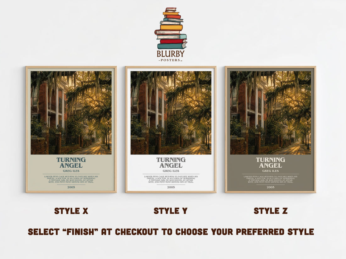 Turning Angel bookish print in frame leaning in hallway – legal thriller wall art (mockup)