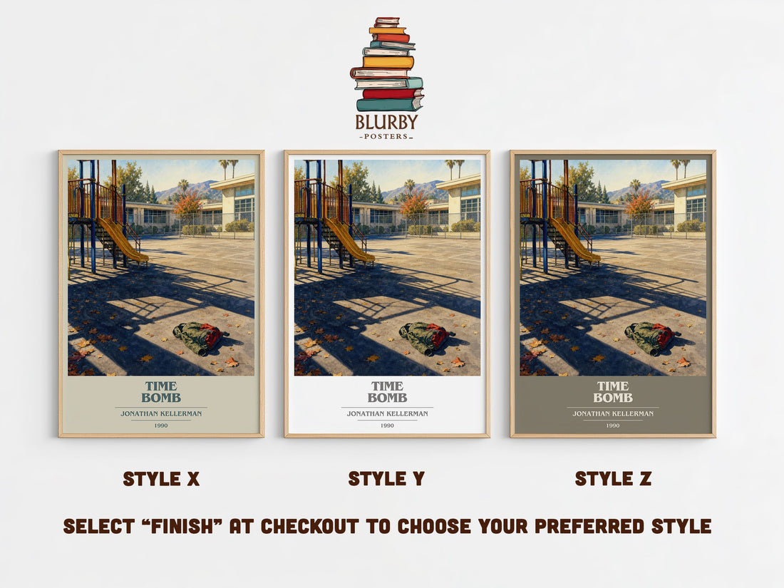 Time Bomb book cover print in frame leaning in hallway – thriller wall art (mockup)
