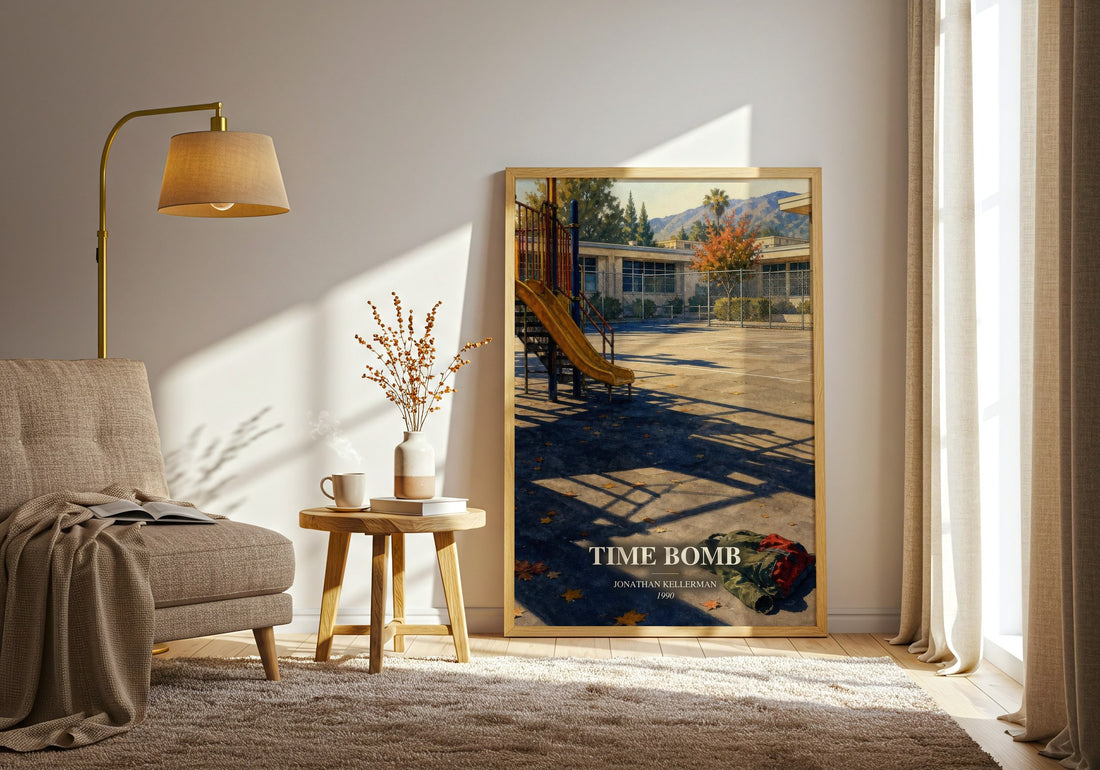 Time Bomb watercolour print in frame leaning in hallway – thriller wall art
