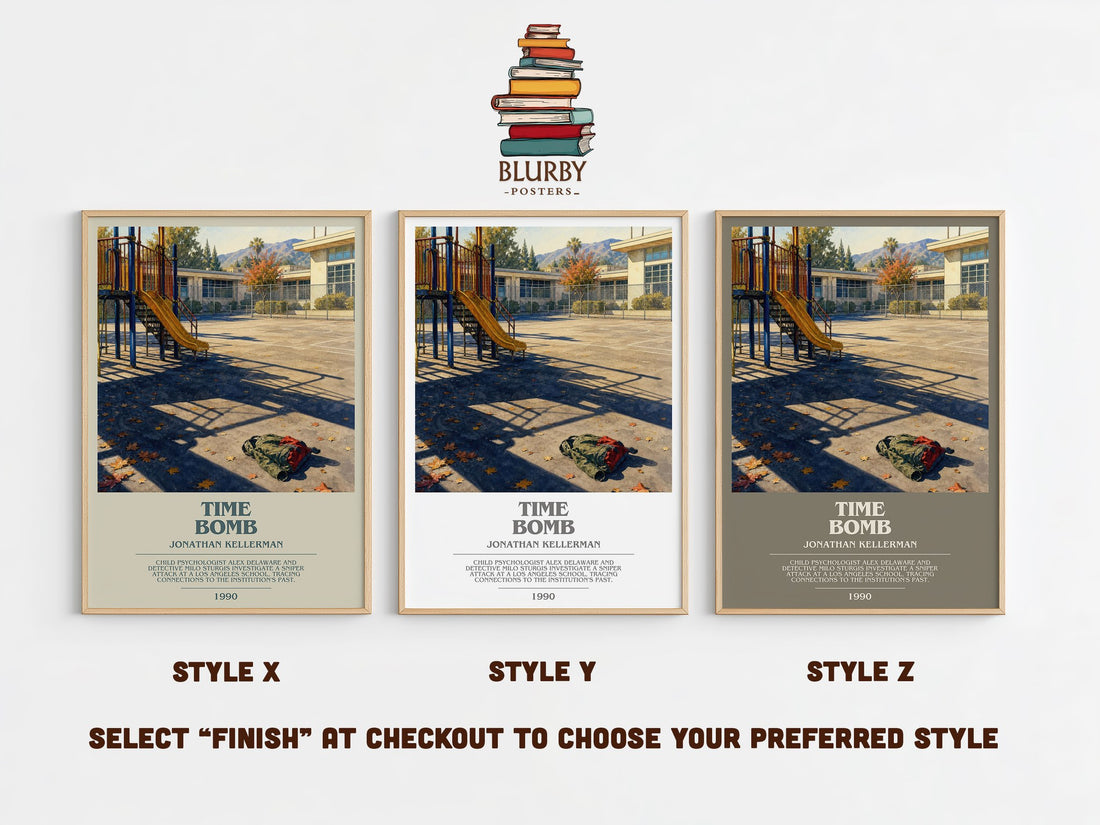 Time Bomb bookish print in frame leaning in hallway – thriller wall art (mockup)