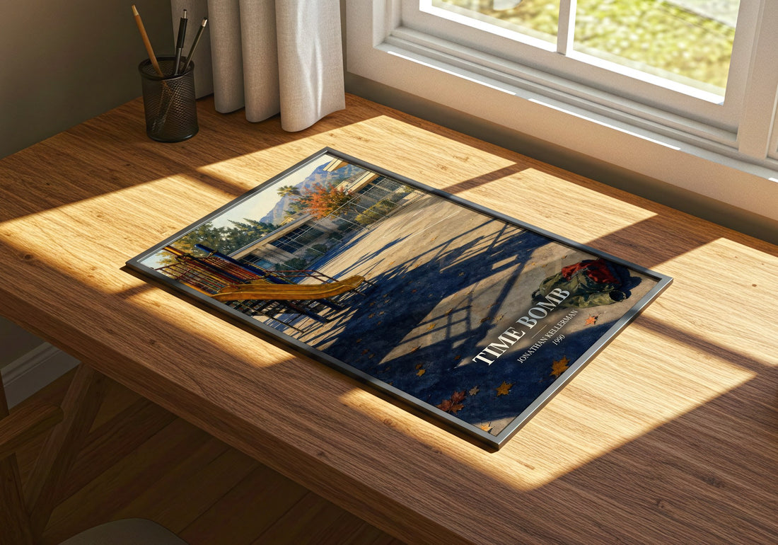 Time Bomb watercolour book poster framed on wall – thriller wall art
